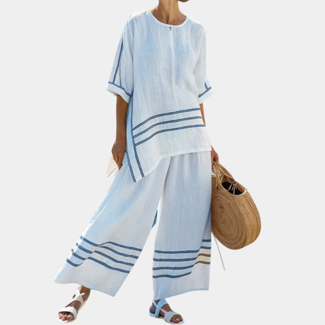 Vittorina | Blusa asimétrica de rayas sofisticadas y pantalones audaces