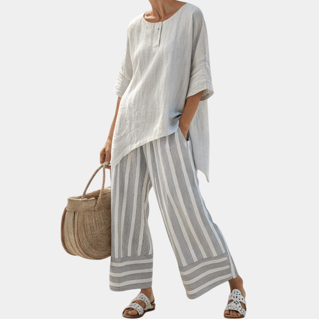 Fiorella | Blusa asimétrica elegante y pantalones a rayas