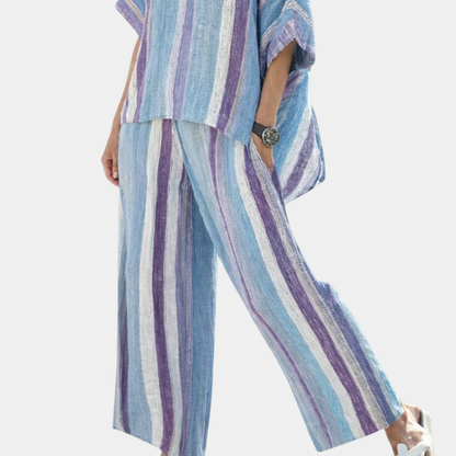 Yasmine | Top elegante lila pastel y pantalones a rayas