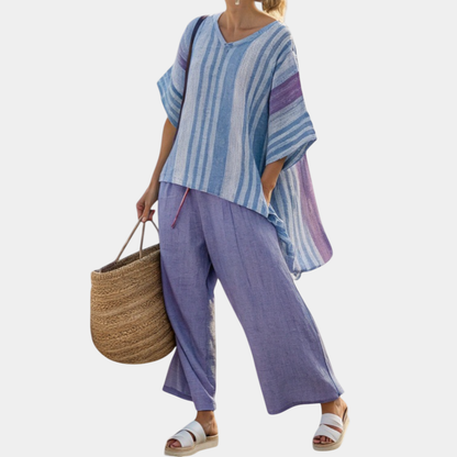 Carlotta | Elegante top lavanda y azul cielo con pantalones