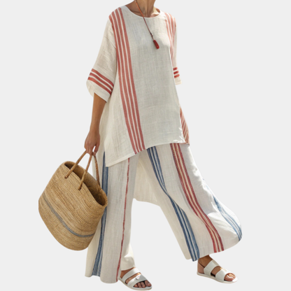 Béatrice | top a rayas multicolores sofisticado y pantalones mediterráneos