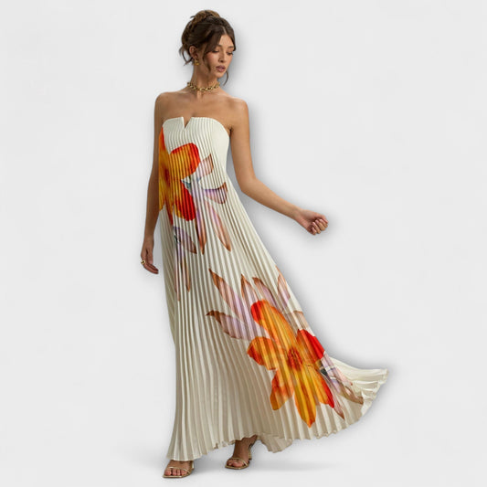 Michelle - Vestido maxi con escote en corazón y motivo floral naranja