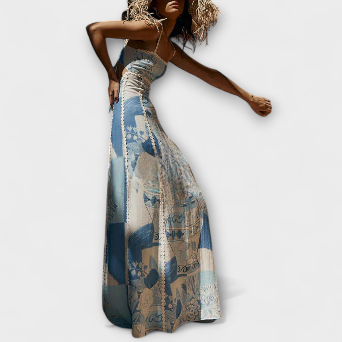 Terraza Ric Rac - Vestido maxi de lino con corte acampanado