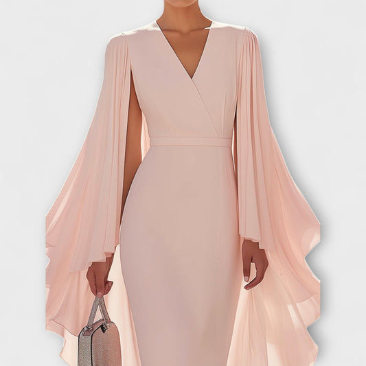 Rachel - Vestido midi Roza con escote en V y mangas de chiffon