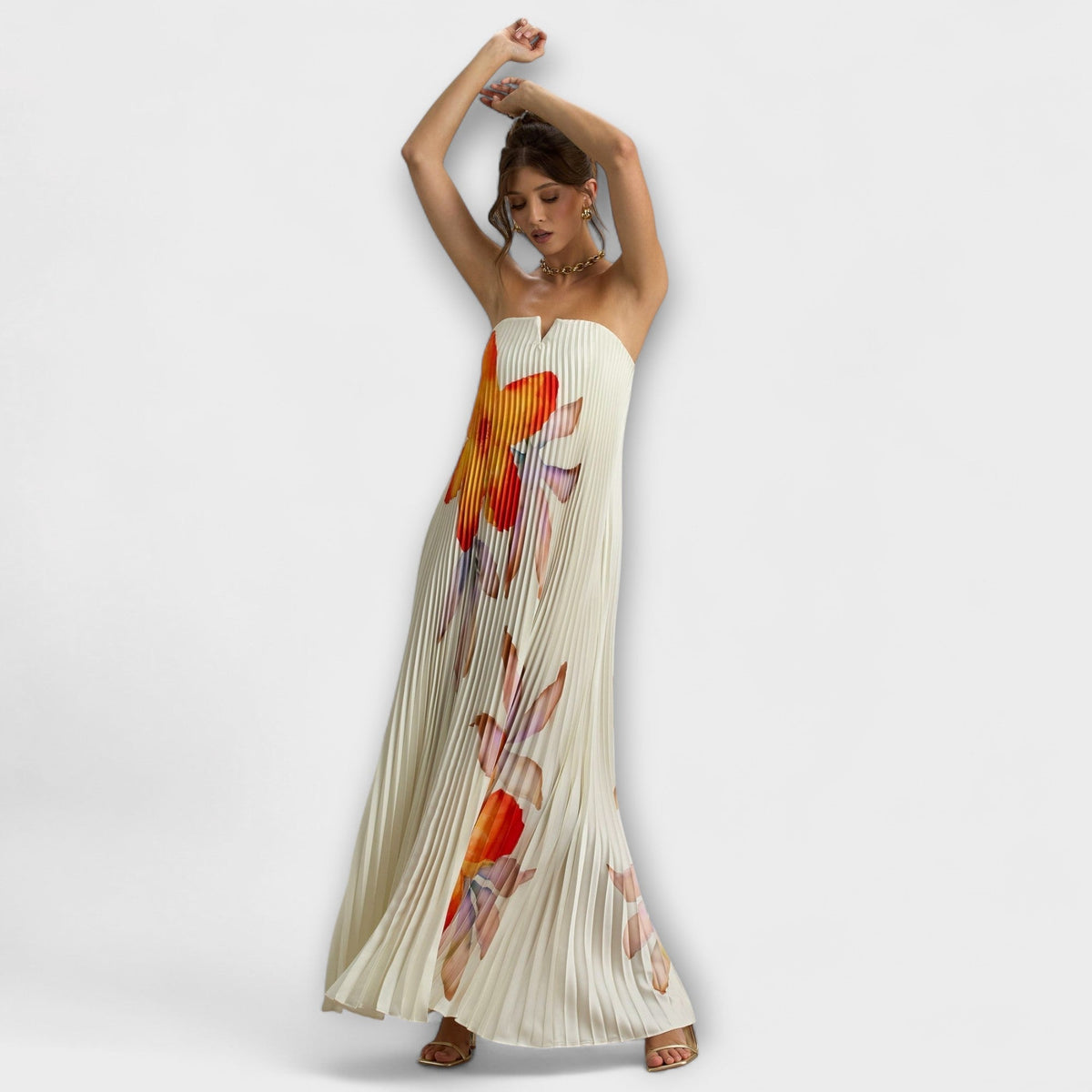 Michelle - Vestido maxi con escote en corazón y motivo floral naranja
