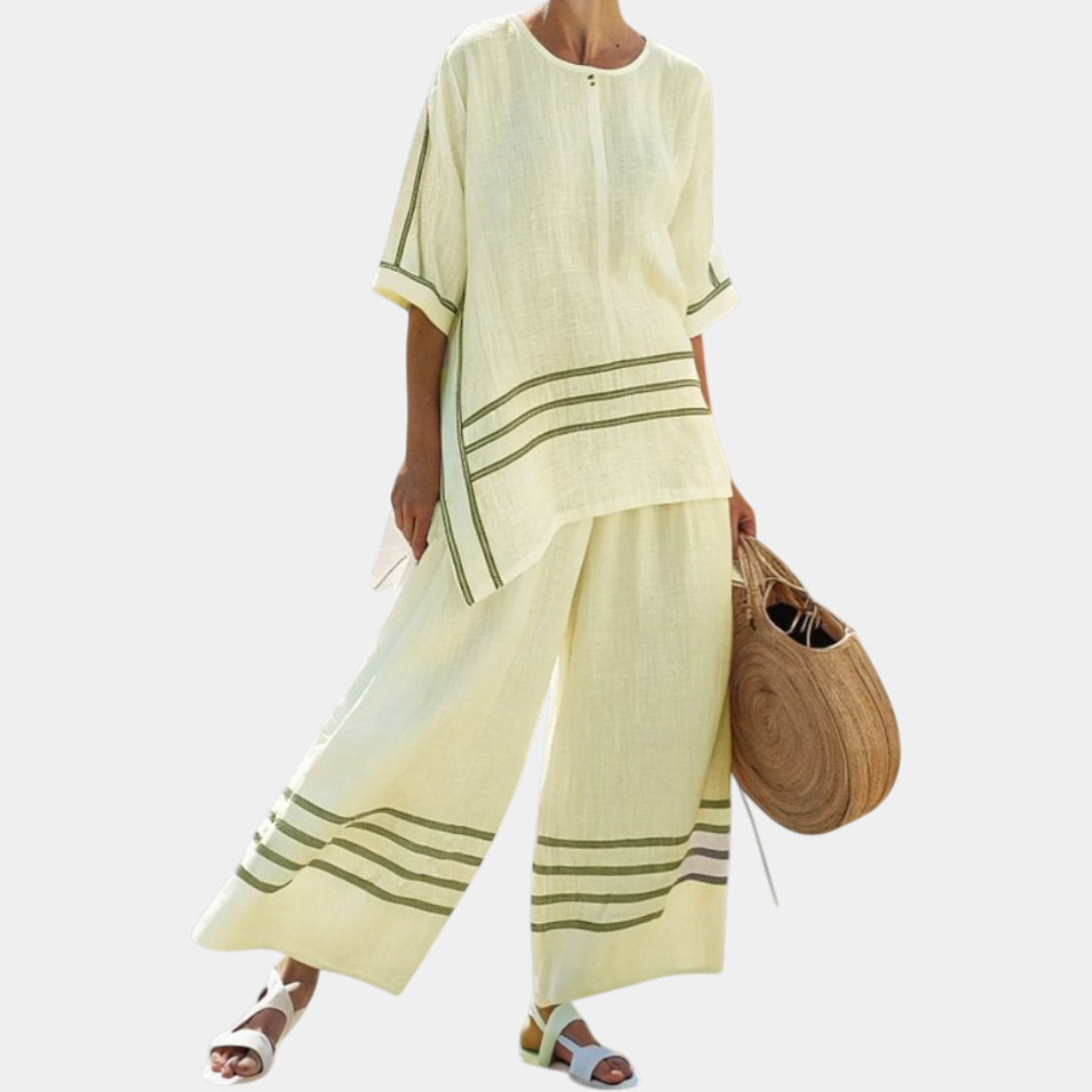 Vittorina | Blusa asimétrica de rayas sofisticadas y pantalones audaces