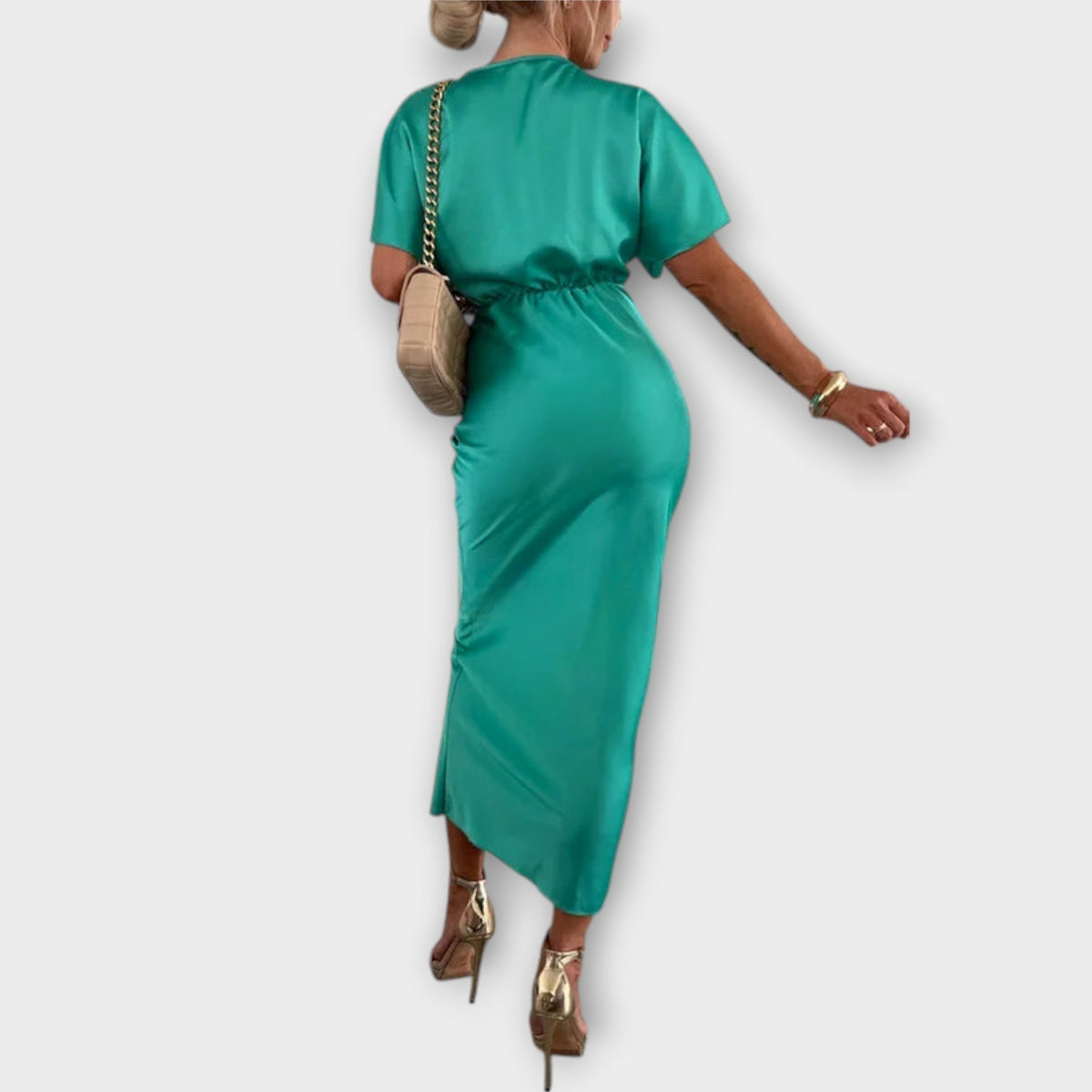 Sable - Vestido maxi con escote en V y nudo cruzado en satén sólido