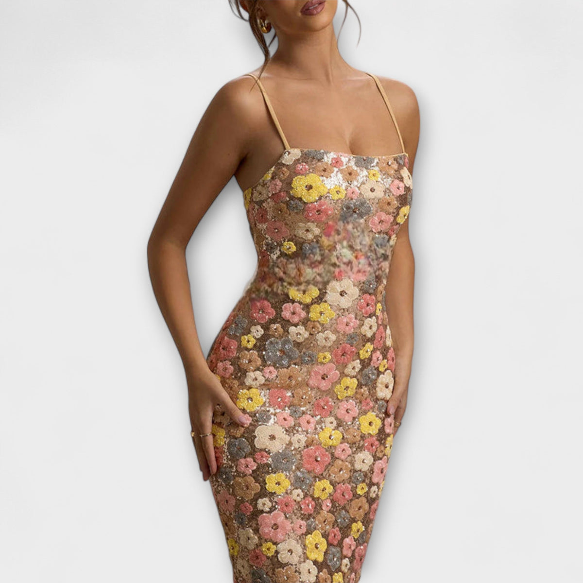 Oakley - Vestido Maxi con Flores y Paillettes Estilo Años 80