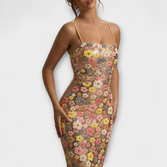 Oakley - Vestido Maxi con Flores y Paillettes Estilo Años 80