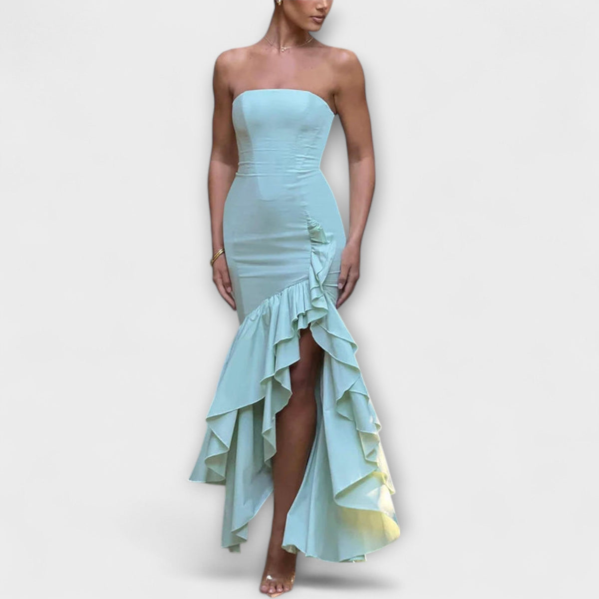 Zuri - Vestido maxi con hombros descubiertos y dobladillo asimétrico