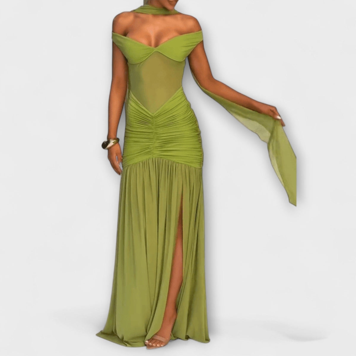 Nicole - Vestido maxi con escote en V oliva