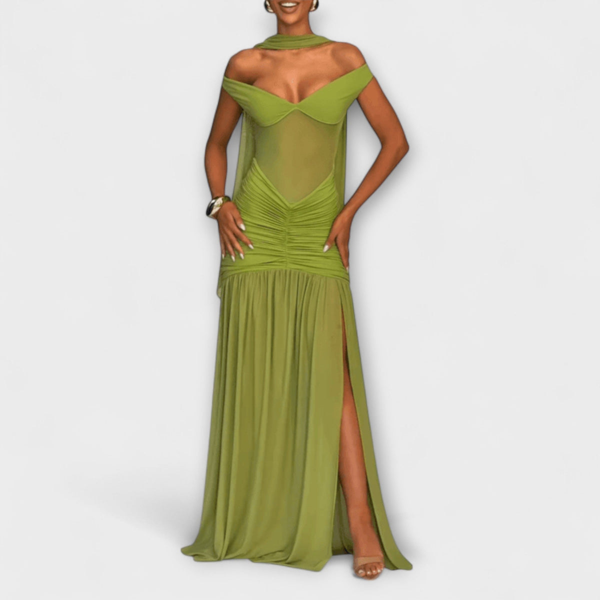 Nicole - Vestido maxi con escote en V oliva