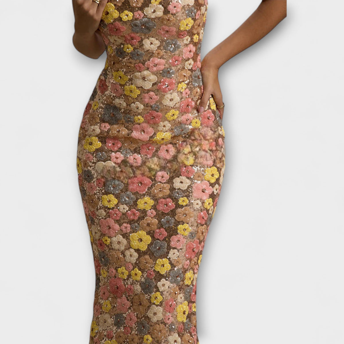 Oakley - Vestido Maxi con Flores y Paillettes Estilo Años 80