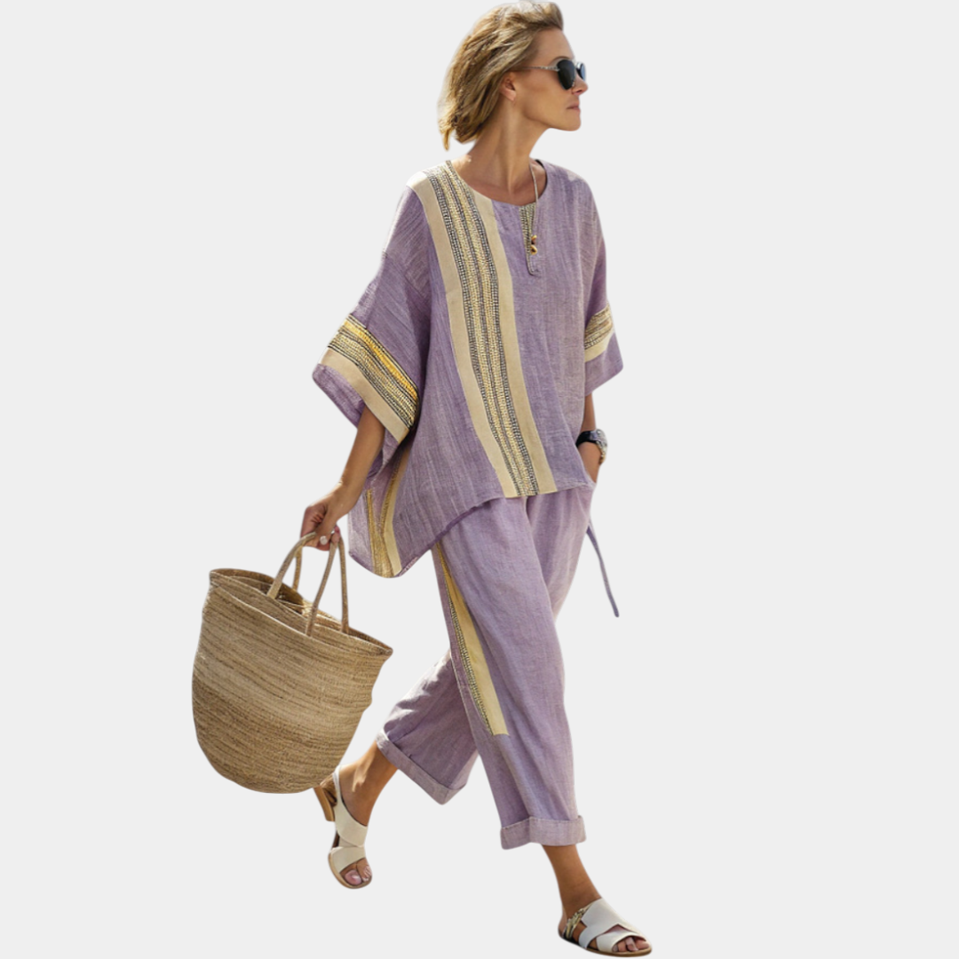 Tess | Top Elegante Lavanda y Pantalones a Rayas Mostaza