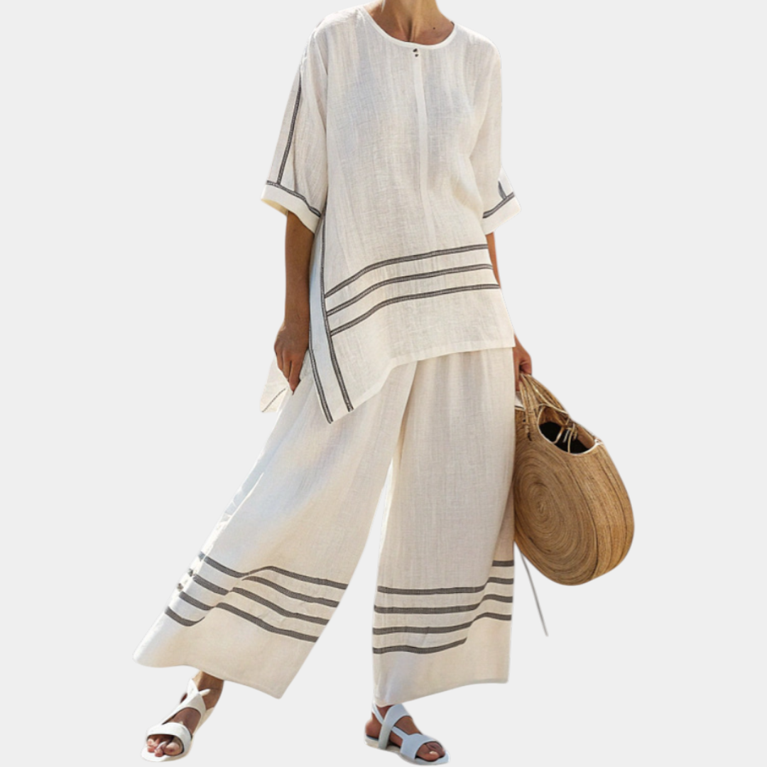 Vittorina | Blusa asimétrica de rayas sofisticadas y pantalones audaces