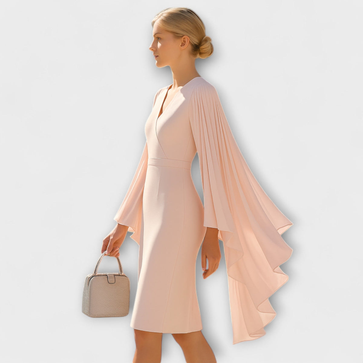 Rachel - Vestido midi Roza con escote en V y mangas de chiffon