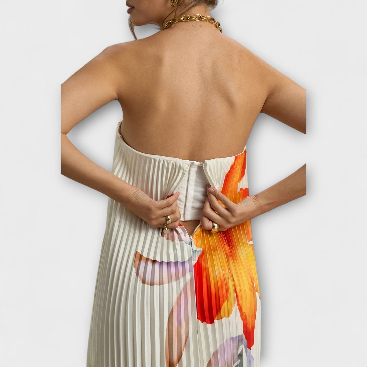 Michelle - Vestido maxi con escote en corazón y motivo floral naranja