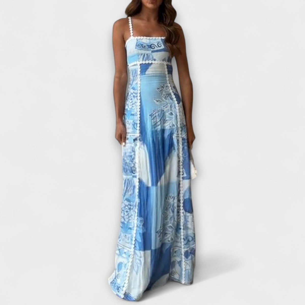 Terraza Ric Rac - Vestido maxi de lino con corte acampanado