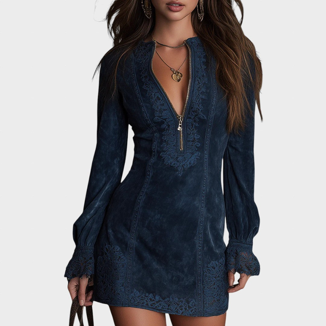 Veronika – Vestido Mini de Ante Azul con Encaje
