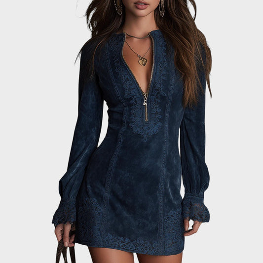 Veronika – Vestido Mini de Ante Azul con Encaje