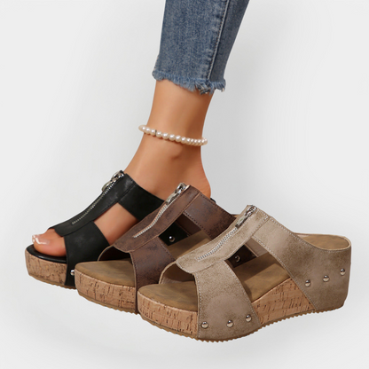 Sandalias cómodas con tacón y cierre de cremallera