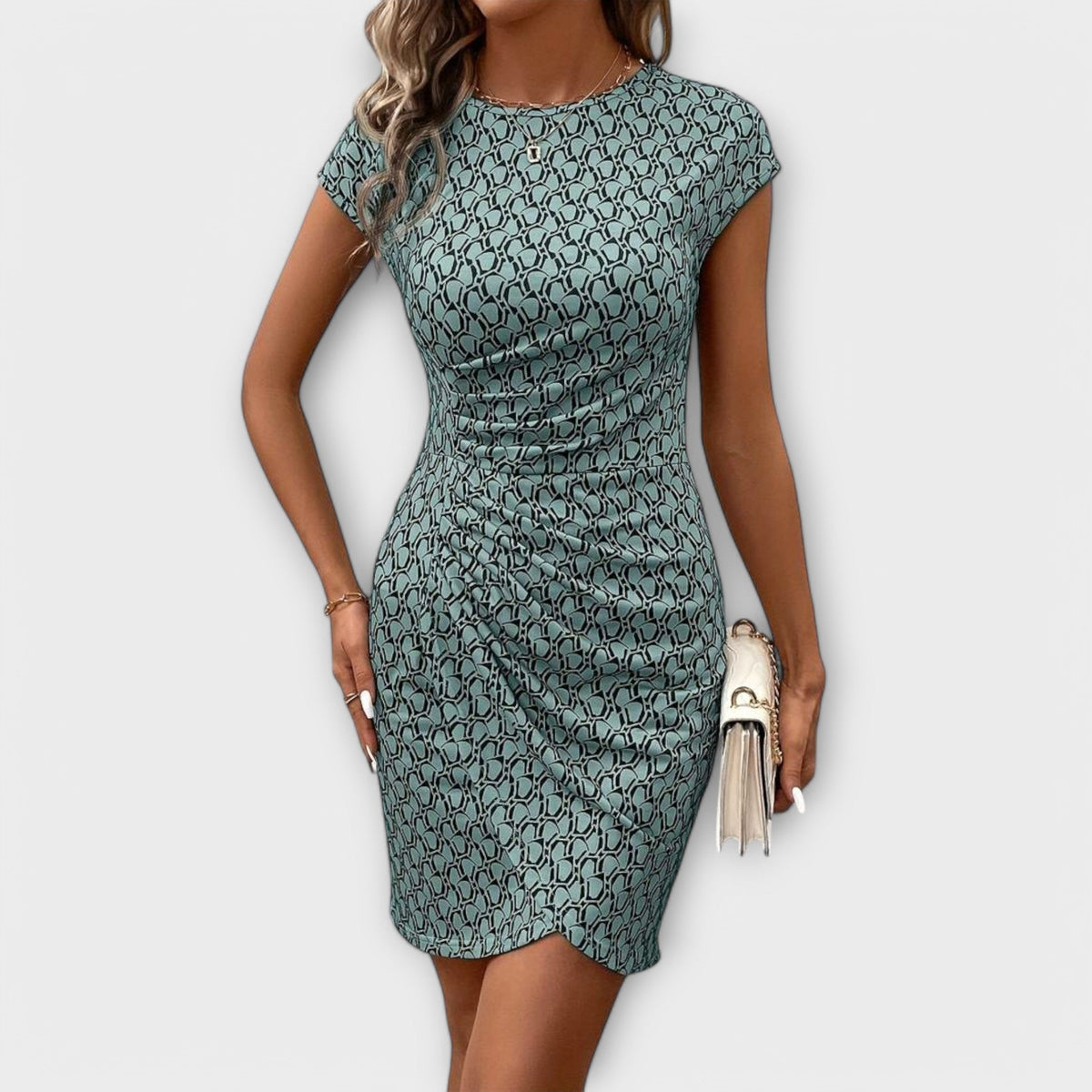 Emma - Vestido de manga corta en forma de tulipán con estampado integral