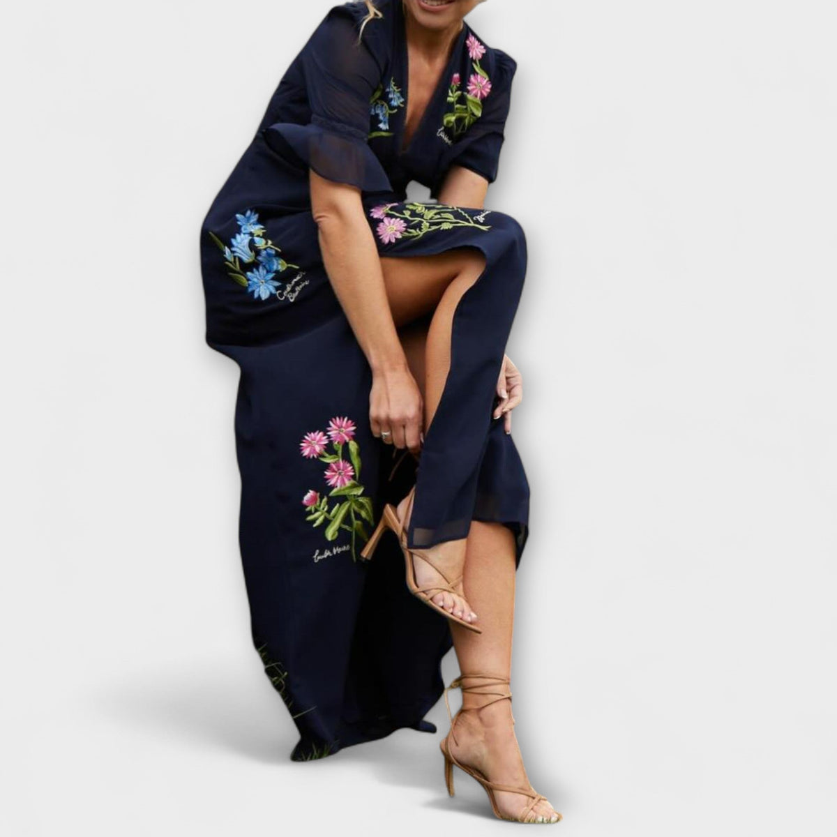 Béatrice - Vestidos elegantes azul marino con bordado floral