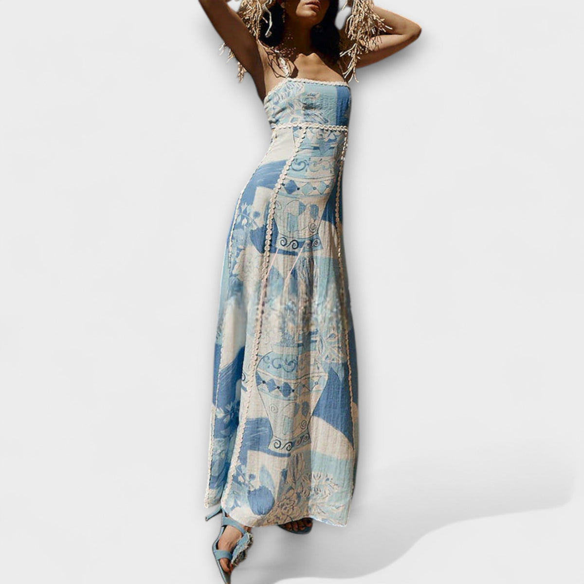 Terraza Ric Rac - Vestido maxi de lino con corte acampanado