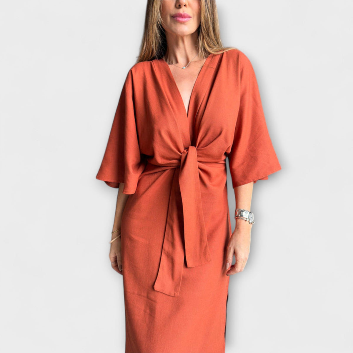 Holly - Vestido casual con escote en V, realizado en algodón y lino con cinturón
