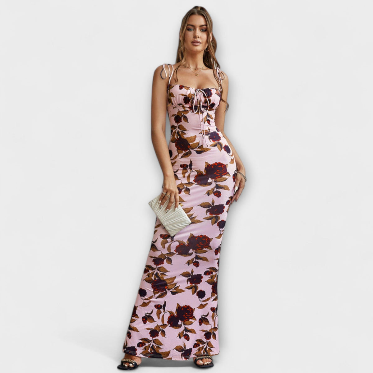 Thalia - Vestido de baile con motivo floral y tirantes anudados