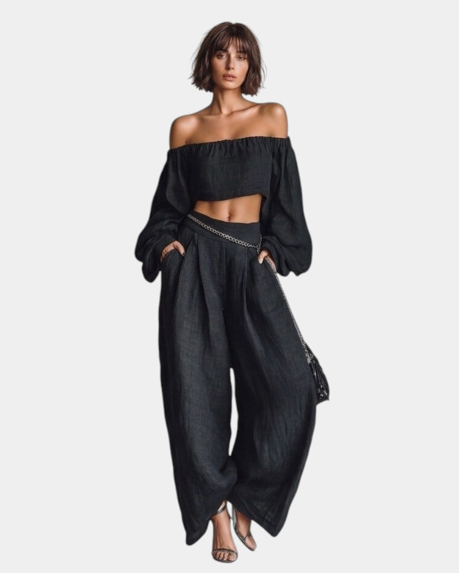 Cíntia | Conjunto completo con hombros al descubierto y pantalones anchos