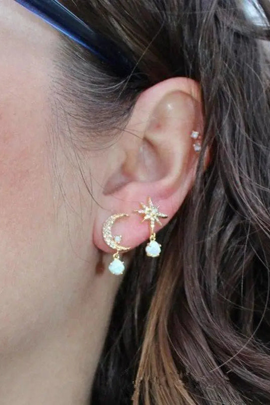 Pendientes de Luna y Estrellas en Oro
