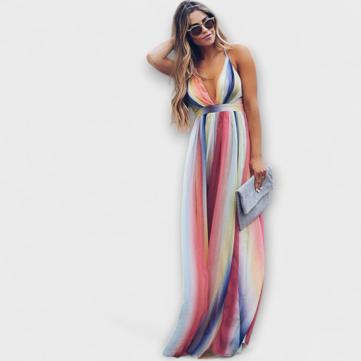 Vestido maxi mujer multicolor a rayas con escote en V