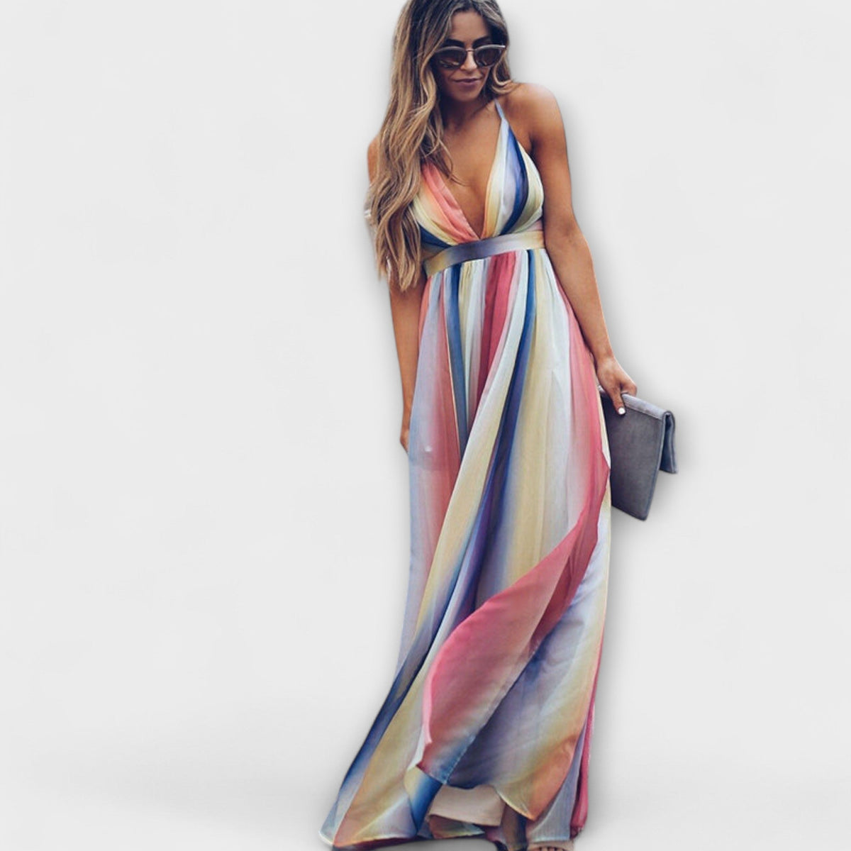 Vestido maxi mujer multicolor a rayas con escote en V
