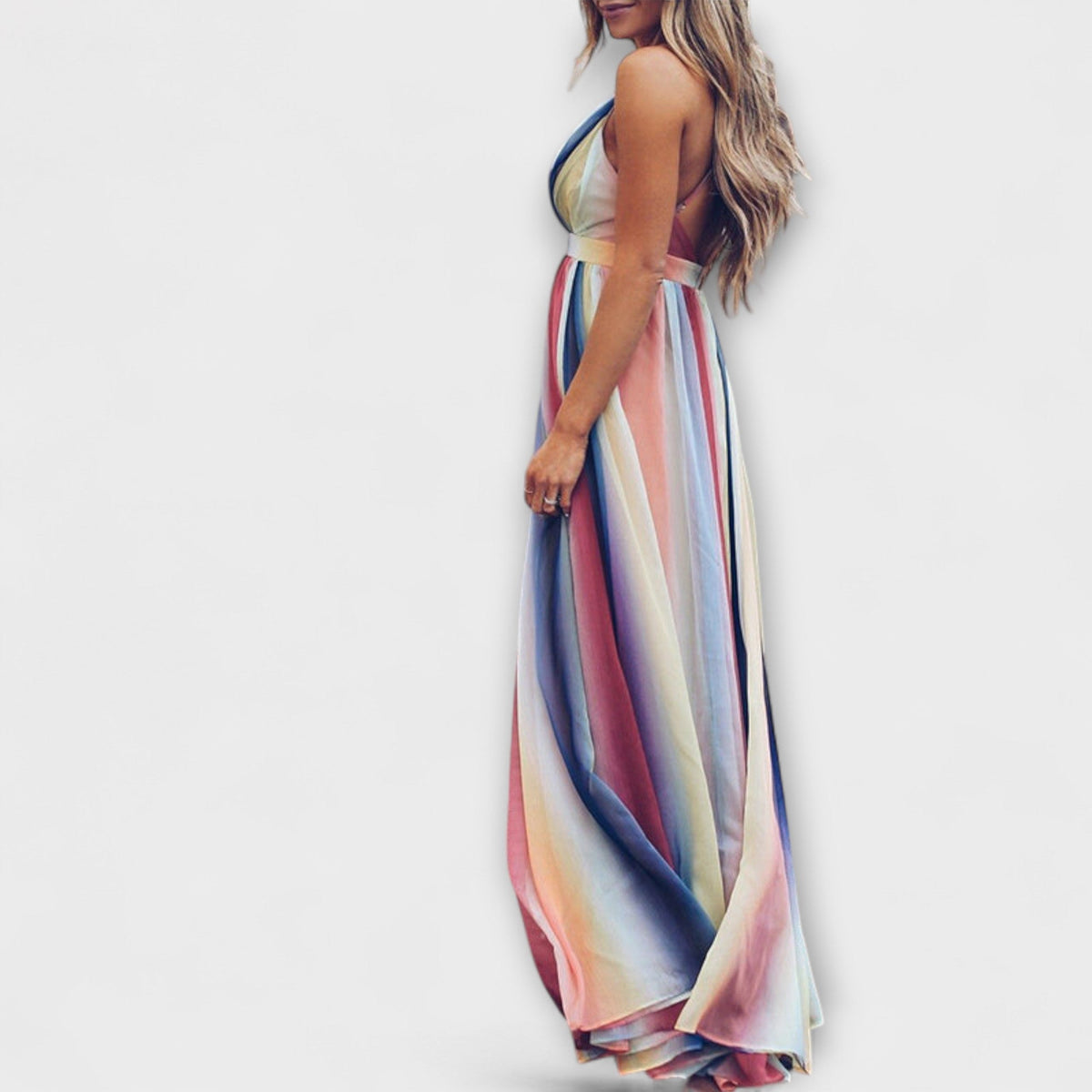 Vestido maxi mujer multicolor a rayas con escote en V