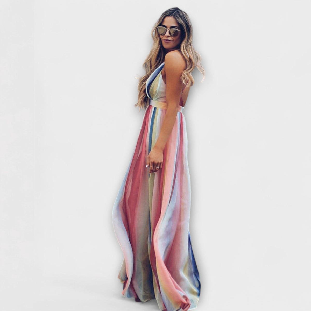 Vestido maxi mujer multicolor a rayas con escote en V