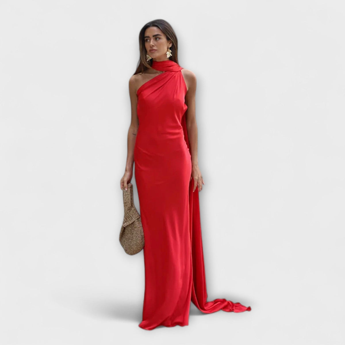 Vestido maxi chic con hombros al descubierto y lazo al cuello