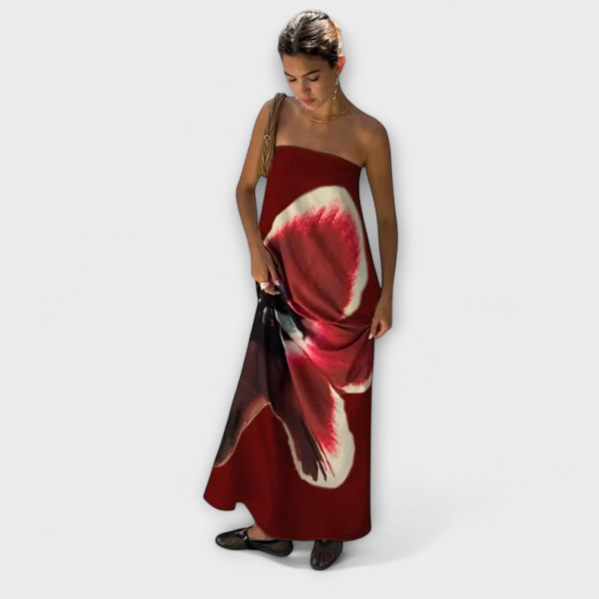 Vestido maxi sin mangas con hombro descubierto