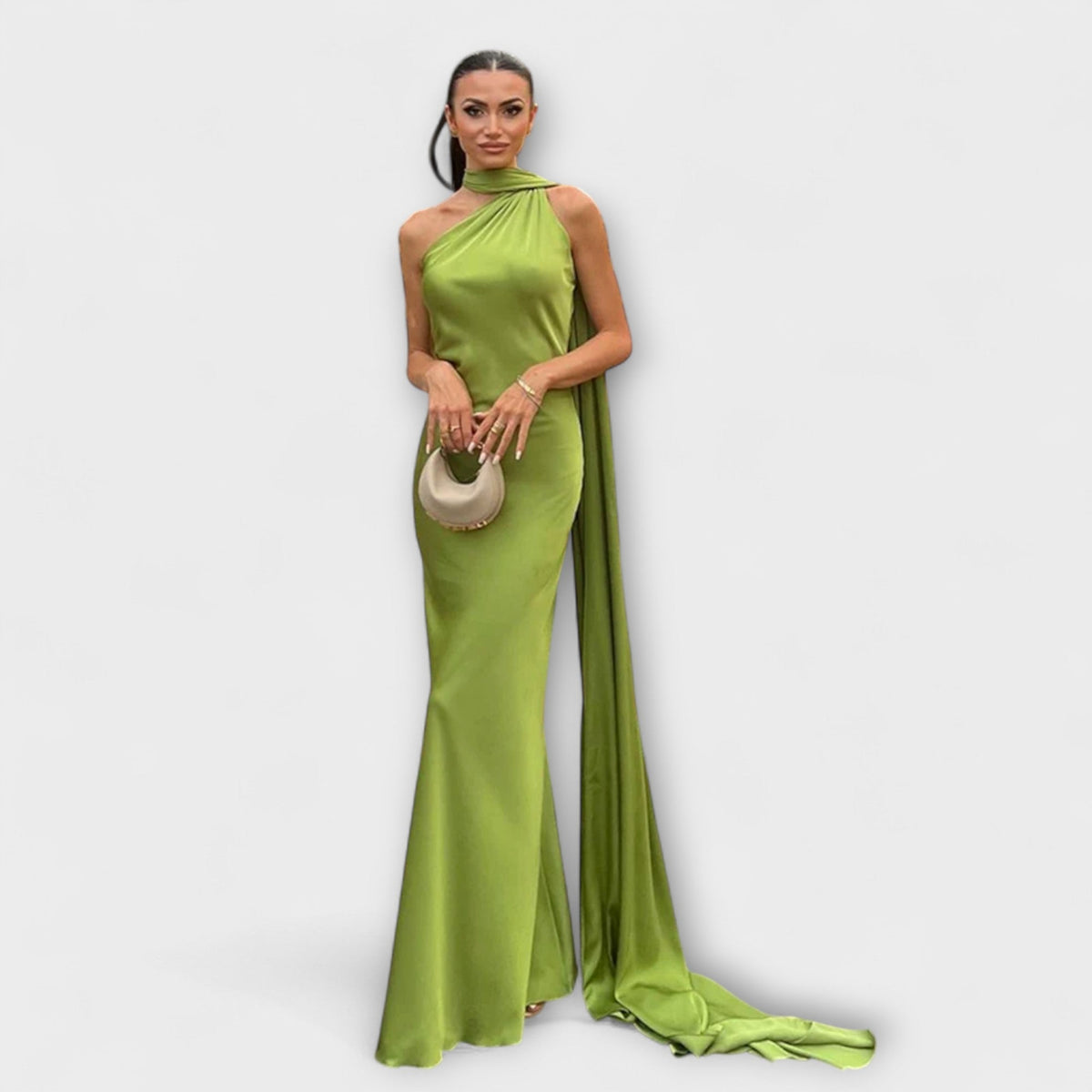 Vestido maxi chic con hombros al descubierto y lazo al cuello