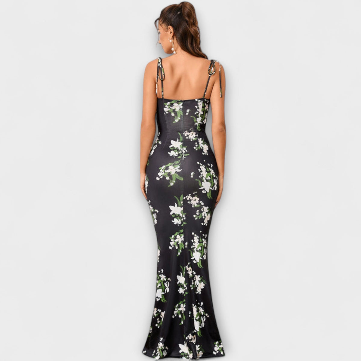 Thalia - Vestido de baile con motivo floral y tirantes anudados