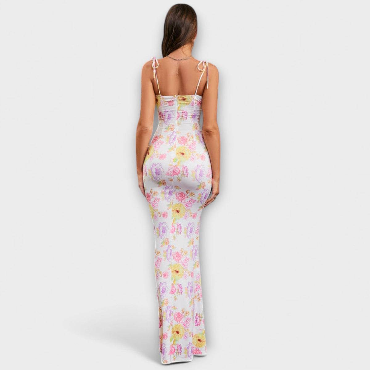 Thalia - Vestido de baile con motivo floral y tirantes anudados