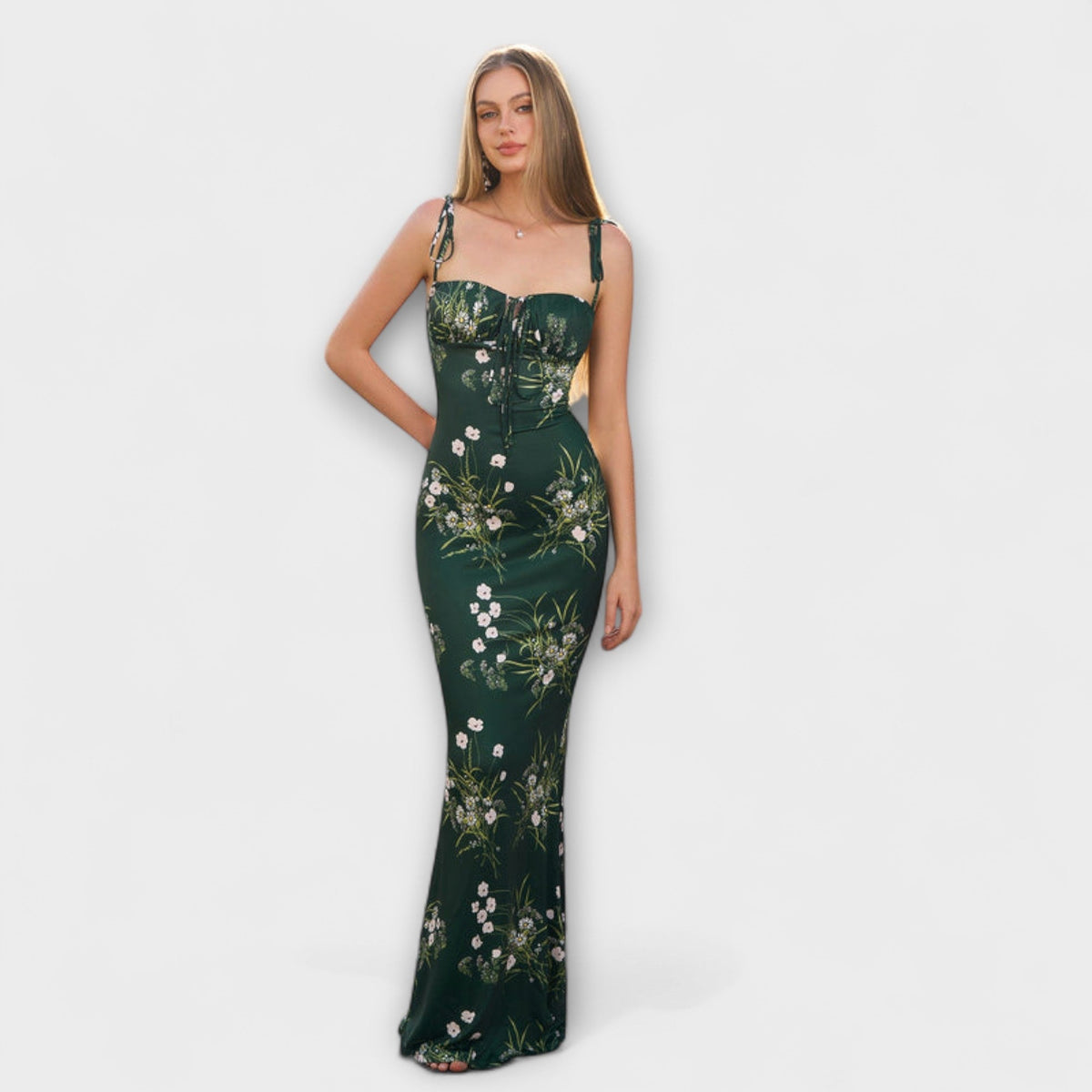 Thalia - Vestido de baile con motivo floral y tirantes anudados