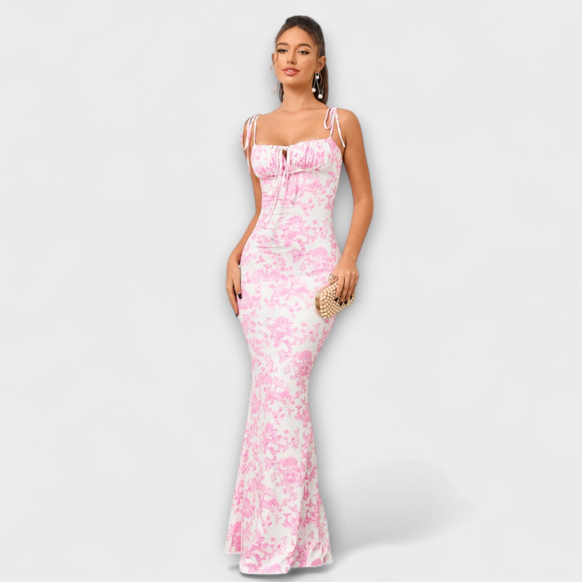 Thalia - Vestido de baile con motivo floral y tirantes anudados
