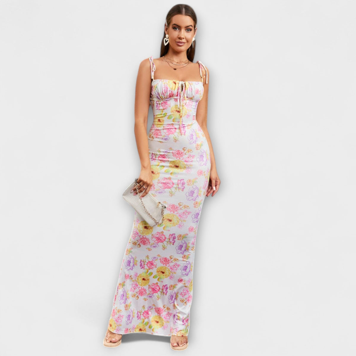 Thalia - Vestido de baile con motivo floral y tirantes anudados