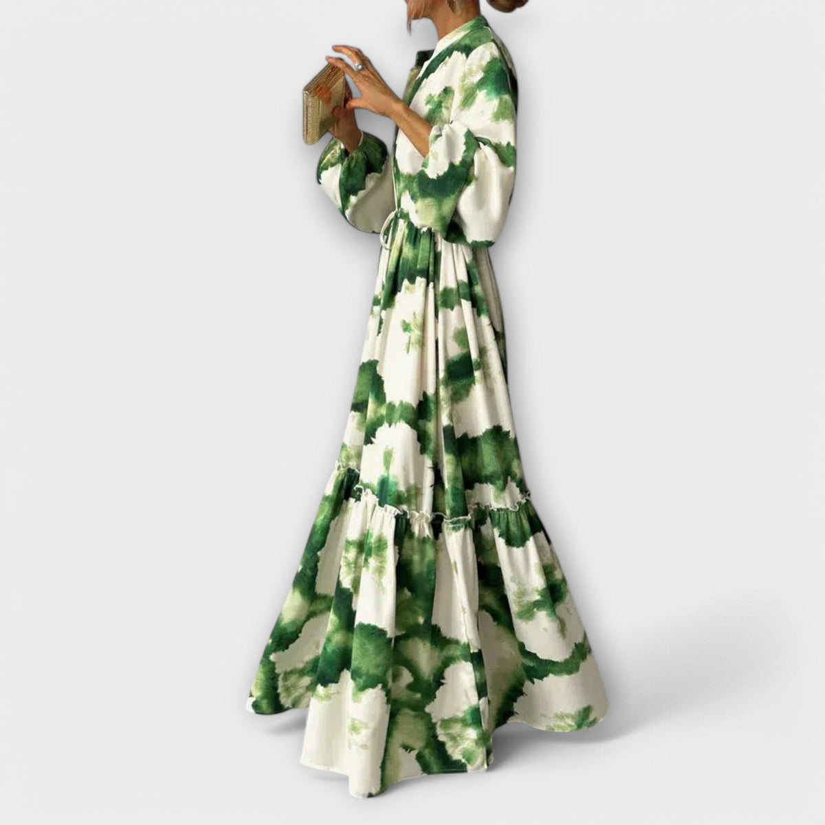 Melina - Vestido Maxi Verde con Mangas Largas y Escote en V