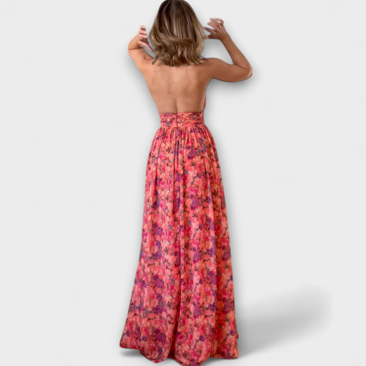 Nortrud - Vestido maxi sin espalda con motivo floral