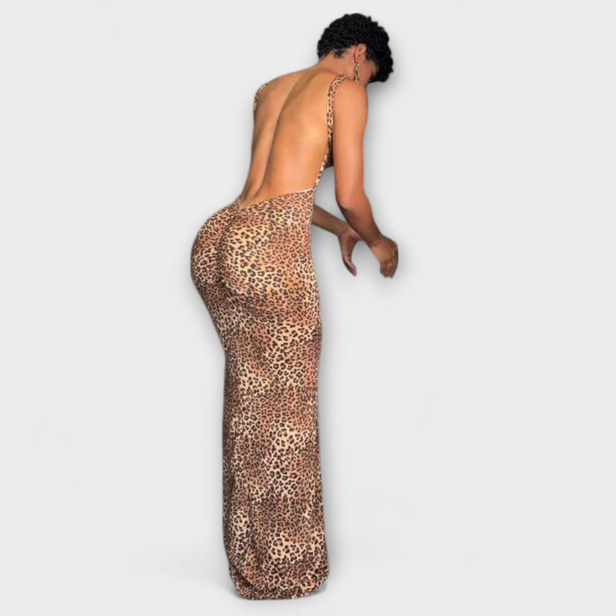 Della - Vestido maxi con estampado de leopardo y espalda descubierta