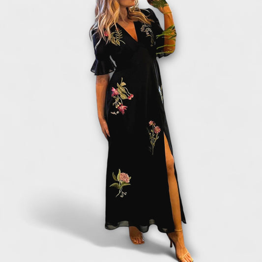 Béatrice - Vestidos elegantes azul marino con bordado floral