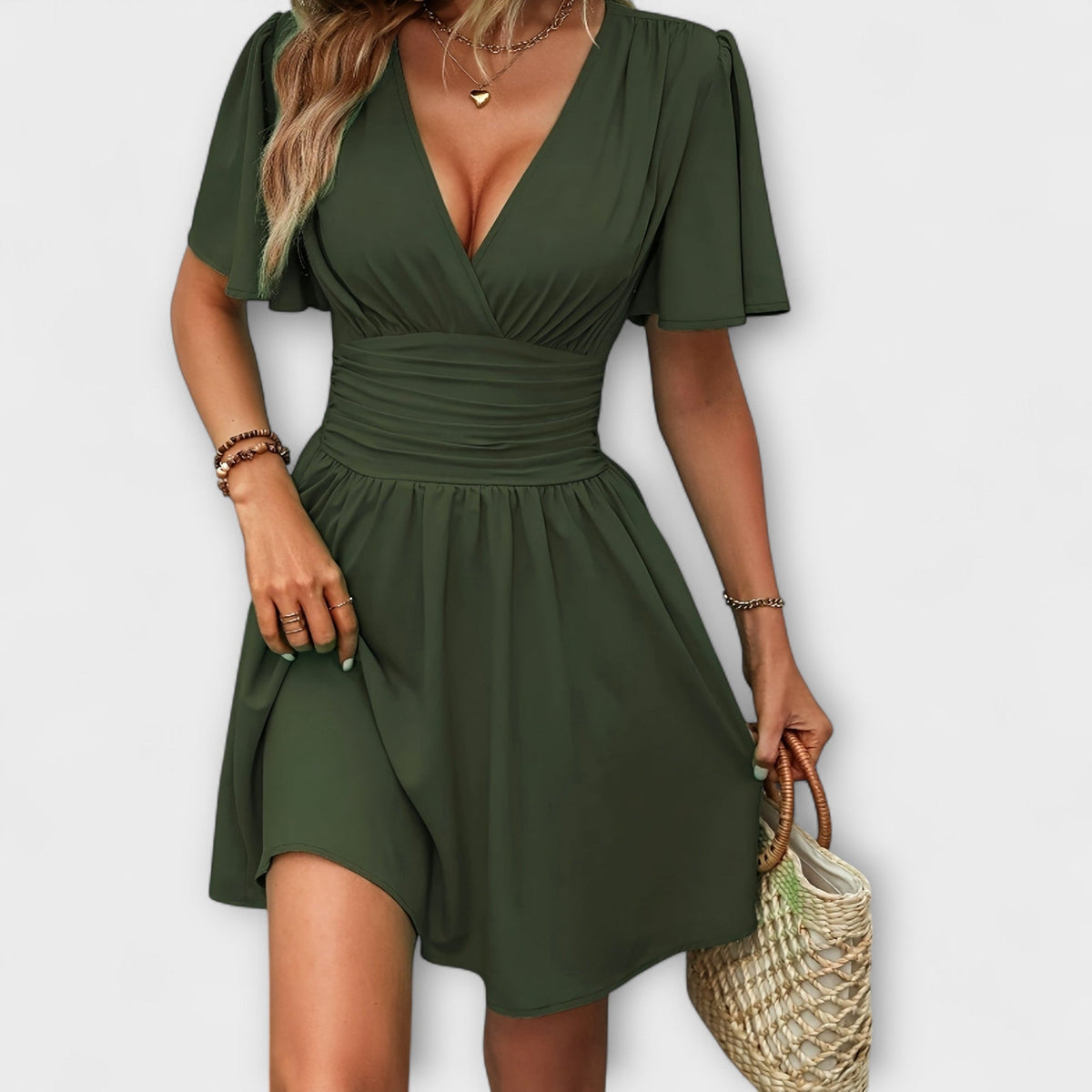 Winslet - Vestido con Cintura Plisada y Escote en V
