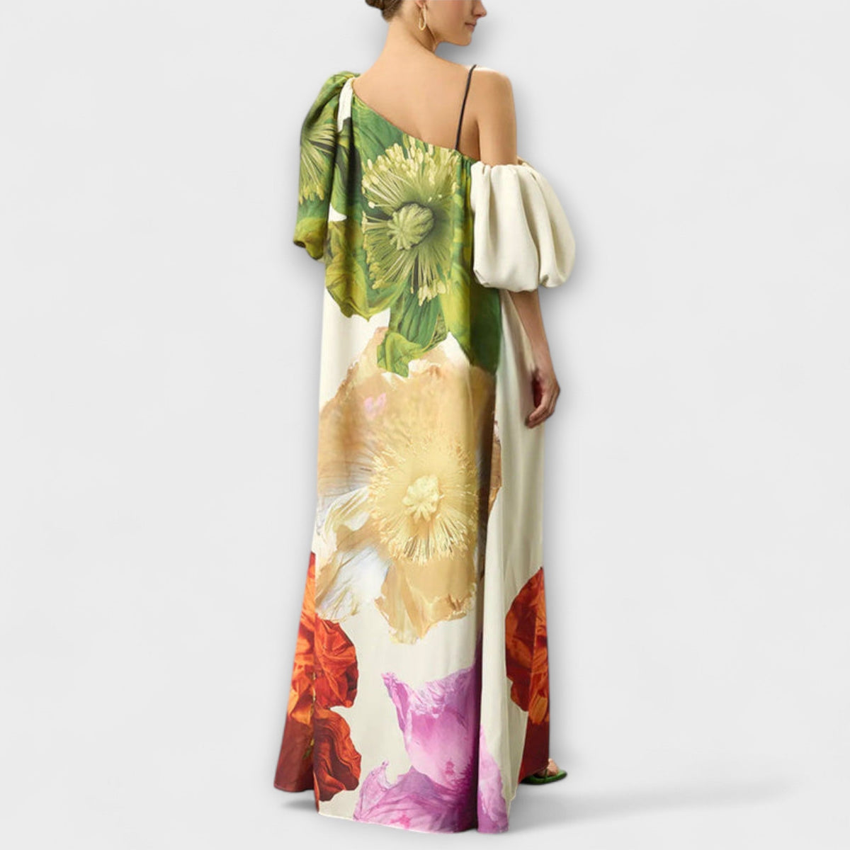 Skylar - Vestido maxi de flores, escote asimétrico y mangas abullonadas